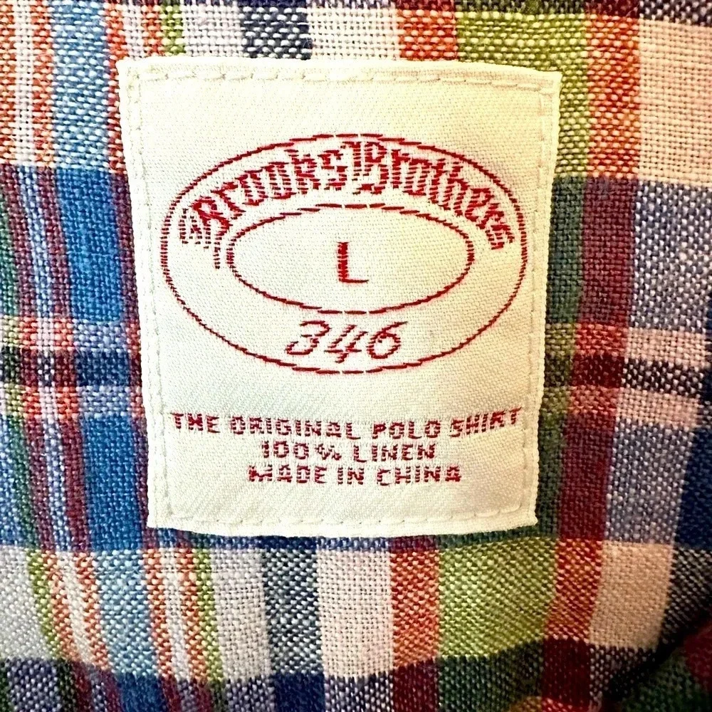 Vintage Brooks Brothers 100% linen plaid button down short Sleeve shirt. Size L